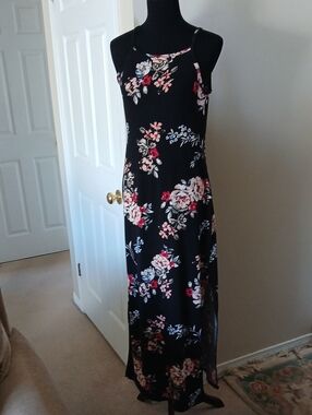 Black Floral Maxi Dress with Pink & Red Blooms - Sleeveless Summer Dress